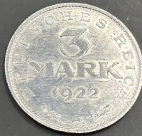 Auktion 345 / Los 6033 <br>3 Mark, Deutsches Reich 1922, Aluminium