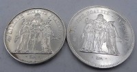 Auktion 345 / Los 6034 <br>2x Silber-Münzen, Frankreich, 50 Franc 1974, 10 Franc 1965, zus. 54,7 gr.