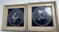 Auktion 345 / Los 5049 <br>van Gienne signierte 2 Portrait-Fliesen, Blaumalerei, gerahmt, je ca. 14x14 cm