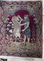 Auktion 345 / Los 13011 <br>kl. Seidenteppich, Jagdszenen, wohl Persien, ca. 80x60 cm