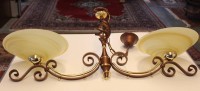 Auktion 346 / Los 16038 <br>2flammige Deckenlampe, Metall, Kunstglasschirme wohl Murano, ca. H-46cm B-99cm