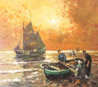 Auktion 351 / Los 4002 <br>Harry HAERENDEL (1896-1991), Fischer an Küste, Öl/Leinwand, gerahmt, RG 83 x 93cm, Sperrgut!