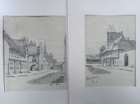Auktion 346 / Los 5059 <br>ER, 1914, 2x Stiftzeichnungen, wohl beide Gießen, 1x Neustädter Tor in PP., BG je. 30x23 cm