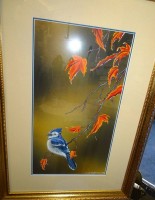 Donald McGraw "Vogel auf Ast" Kunstdruck, gerahmt, verso signiert, RG 65x45 cm
