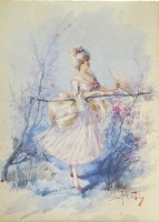 Auktion 347 / Los 4015 <br>Mary GOLAY (1869-1944)"Dame mit Fächer", Aquarell, alt und beschädigt gerahmt/Glas, RG 58x48 cm