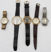 Auktion 348 / Los 2039 <br>5x div. Armbanduhren, Junghans Trilastic (läuft an), Belora (läuft), Cosmos Sonderklasse Automatic (läuft), Timex Quarz und Krug-Biimen Quartz, Trage-u. Gebrauchsspuren, meist D-3,5cm Timex D-4,5cm
