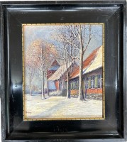 Auktion 348 / Los 4010 <br>F. Bedag "Haus im Winter", Öl/Holz, gerahmt, um 1910, RG 44x40 cm