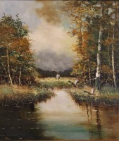 Auktion 348 / Los 4017 <br>H.Peters, Teichlandschaft mit aufsteigenden Enten, Öl/Leinwand, gerahmt, RG 92,5 x 82cm, Sperrgut!