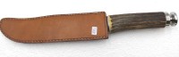 Auktion 348 / Los 16042 <br>Jagdmesser, ungemarkt, Geweihgriff, Lederscheide, L-34,5cm