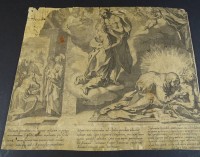 Stich um 1600, biblische Szenen, lateinisch beschriftet, li.obere Ecke fehlt Stück, aufgeklebt auf Papier, 24x29 cm
