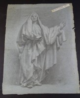 Auktion 339 / Los 5000 <br>Annibale CARRACCI (1560-1609) Handzeichnung einer Heiligen, aus 2 Blättern zusammengefügt, Blattgrösse 48x36 cm, seitl. kl. Läsuren, rückseitig Inventarstempel der Gemeinde Wallisellen vom 11.IV. 1936