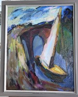 Auktion 348 / Los 4022 <br>Georg HILLMANN (1916-2003) "Segelboot" Öl/Platte, gerahmt, RG 84x70 cm