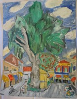Auktion 348 / Los 4030 <br>Dellgruen, naive Strassenszene, Öl/Pappe, ungerahmt, BG 78 x 60cm