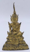 Auktion 348 / Los 15512 <br>kl. Bronze-Buddha, Bronze vergoldet, Altersspuren, Spitze verbogen, H-16 cm, B-9,5 cm