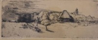 Auktion 348 / Los 5025 <br>Radierung, bezeichnet "Rembrandt- Landschaft mit dem Turm", sowie Widmung von 1921, alt gerahmt/Glas, RG 39,5 x 24cm.