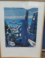 Auktion 348 / Los 5036 <br>M. Holz "Blaue Stunde" bet5itelte Lithografie, Nr. 3/20, ger/Glas,  G 82x62 cm