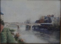 Auktion 358 / Los 4053 <br>Proussant -Eugene  "Flusslandschaft mit Brücke", Aquarell, ger/Glas, RG 32x41 cm