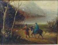 Los 4068 <br>anonymer Altmeister "Reisende mit Esel", &Ouml;l/Leinen, Farbabplatzer, 20x24 cm, gerahmt, RG 33x38 cm, Aufkleber "Galierie Neundorf-1942", restaurierungsbed&uuml;rftig