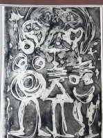 Auktion 362<br>unleserl. sign. gr. Aquatinta-Radierung?, betitelt "Mondmenschen 3/4, 1966, kin PP, Blattgrösse ca. 37x28 cm