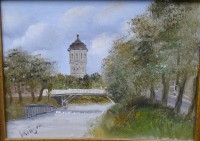 Auktion 364<br>Walther KRUEGER (XX) "Wasserturm" wohl in Emden, ÖlMalfaser, gerahmt, RG 22x26,5 cm