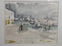 Auktion 350 / Los 4037 <br>Bodo STAUFFER (1942-1993),attrib. südliche Stadtansicht, ger/Glas, RG 52x72 cm, anbei Büchlein, Bindung lose,