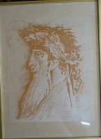 Auktion 350 / Los 5030 <br>Ernst FUCHS (1930-2015)  "Philosophenkopf" Lithografie aus dem Buch "Ernst Fuchs-Das graphische Werk 1967-1980", in 6000 Ex., in Platte sign., ger/Glas, RG 40x30 cm