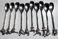 Auktion 366<br>10x Silber Kaffeel&ouml;ffel, Griffende mit Wildv&ouml;gel, ungedeutete Punzen in Laffe, L-12,5 cm, ca. 160 gr.