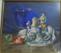 Franz HUTH (1876-1970) "Stilleben mit Porzellanfigur" Aquarell, gerahmt/Glas, RG 40x44 cm, anbei 2 Broschüren, 1x vom Künstler signiert