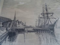 Auktion 351 / Los 5001 <br>unleserl. sign. Radierung?, dat (18)91, Segelschiff im Hafen, ger/Glas, RG 38x44 cm