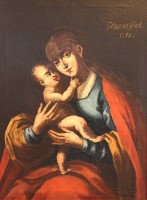 Auktion 351 / Los 4006 <br>Maria mit Kind,  wohl frühe Kopie nach Lucas Cranach, signiert Johannes Fiegl 1755, Öl/Leinwand, gerahmt, RG 84,5 x 66,5cm, Sperrgut!