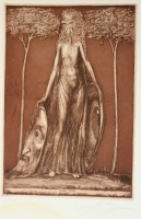 Auktion 351 / Los 5016 <br>FUCHS, Ernst (1930  - 2015 ), Flora Okuli, Radierung in Braun. Bleistiftsignatur, limitierte Auflage, ungerahmt, Blatt mit Wasserschaden, BG 43 x 30cm