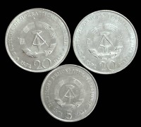 Auktion 371<br>2x 20 Mark, 1x 5 Mark "DDR", Schiller  und Pieck