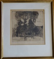 Auktion 351 / Los 5045 <br>Arthur KAUFMANN (1888-1971)  orig. Radierung, Haus unter Bäumen, ger/Glas,, RG37x33 cm