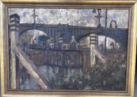 Auktion 356 / Los 4031 <br>Varam Gordon (oder ähnlich?) "Brücke mit Terasse, wohl Paris?, Öl/Malfaser, gerahmt, RG 60x80 cm