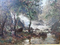 Auktion 356 / Los 4034 <br>Carl August H. OESTERLEY (1839-1930)  "schwedischer Wasserfall" Öl/Holz, 51x68 cm, breiter Goldrahmen, RG 74x92 cm, versao betitelt