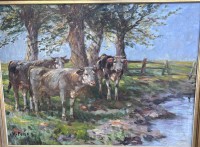 Auktion 351 / Los 4056 <br>H. Peise "Kühe an der Tränke", Öl/Leinen, alt gerahmt, RG 88x107 cm (Sperrgut)
