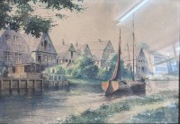Auktion 351 / Los 4072 <br>Paul DÜYFFCKE (1847-1910)  "Kanalansicht (wohl Otterndorf)"  Aquarell, ger/Glas, kl. Farbabplatzer, RG 2x59 cm