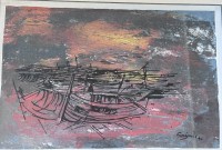 Auktion 364<br>unleserl. signierte Lithografie "Boote", ger/Glas, RG 45x57 cm