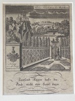 Auktion 351 / Los 5062 <br>Kupferstich um 1650 "Schloss Kriebstein bei Waldheim" und Spruch "Tausend Augen habe du: doch nicht eine Hand dazu", ger/Glas, RG 32x26 cm