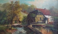 Auktion 357 / Los 4038 <br>unleserl. signiert, Wassermühle, Öl/Leiwand, in der Art vom Achenbach, gerahmt, RG 76 x 114cm, Sperrgutversand!