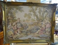 Auktion 357 / Los 13001 <br>schöner Gobelin, mit romantischer Szenerie, wohl 19. Jhd., gut gerahmt, RG 70 x 90cm