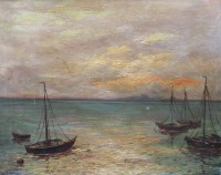 Auktion 358 / Los 4013 <br>Gerhard HAENISCH (1871-?), Boote in der Abendsonne, Öl/Hartfaser, gerahmt, RG 40 x 48cm
