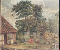 Auktion 357 / Los 4039 <br>anonym "Haus-Hinterhof" Öl/Leinen, alt gerahmt, RG 46x52 cm