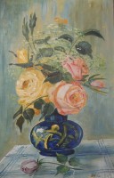 Auktion 352 / Los 4030 <br>H.G. (H. Gratelmann,  verso), 1950 "Rosen in Vase" Öl/Platte, schmal gerahmt, RG 37x26 cm