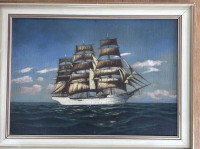 Auktion 352 / Los 4059 <br>unleserl. in rot signiert, Segelschiff, Öl/Platte, gerahmt, RG 34x45 cm