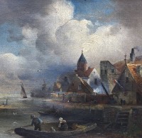 Auktion 353 / Los 4061 <br>anonym, Hafenszene, wohl Niederlande um 1900, Öl/Leinwand, alt gerahmt (Rahmen beschädigt), RG 42,5 x 43,5cm