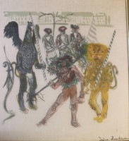 Auktion 369 / Los 4002 <br>Irene ZURKINDEN (1909-1987), verso "Vogel Dryff Wilder Mann Leu", &Ouml;l/Stoff, gut gerahmt, RG 93 x 87,5cm (Sperrgut bzw. ungerahmt versendbar)