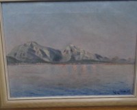 Auktion 376<br>Richard GOESSLER (1873-1946) (18)95,M., "K&uuml;stenszene mit Dorfpanorama am Ufer" Schweiz? &Ouml;l/Leinen, gerahmt, RG 38x48 cm