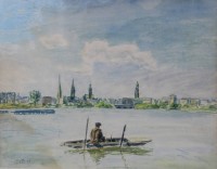 Auktion 358 / Los 4027 <br>Walter Dette, Hbg., Vormittag auf der Alster, Aquarell, gerahmt/Glas, RG 39,5 x 44,5cm