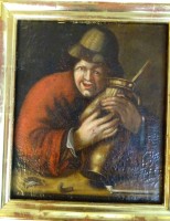 Auktion 364<br>anonymer Altmeister, Mann mit Krug, Öl/Leinen, auf Holz doubliert, gerahmt, RG 44x40 cm